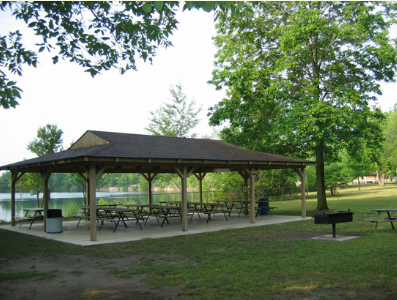 Oak Shelter with picnic tables, grill and lake